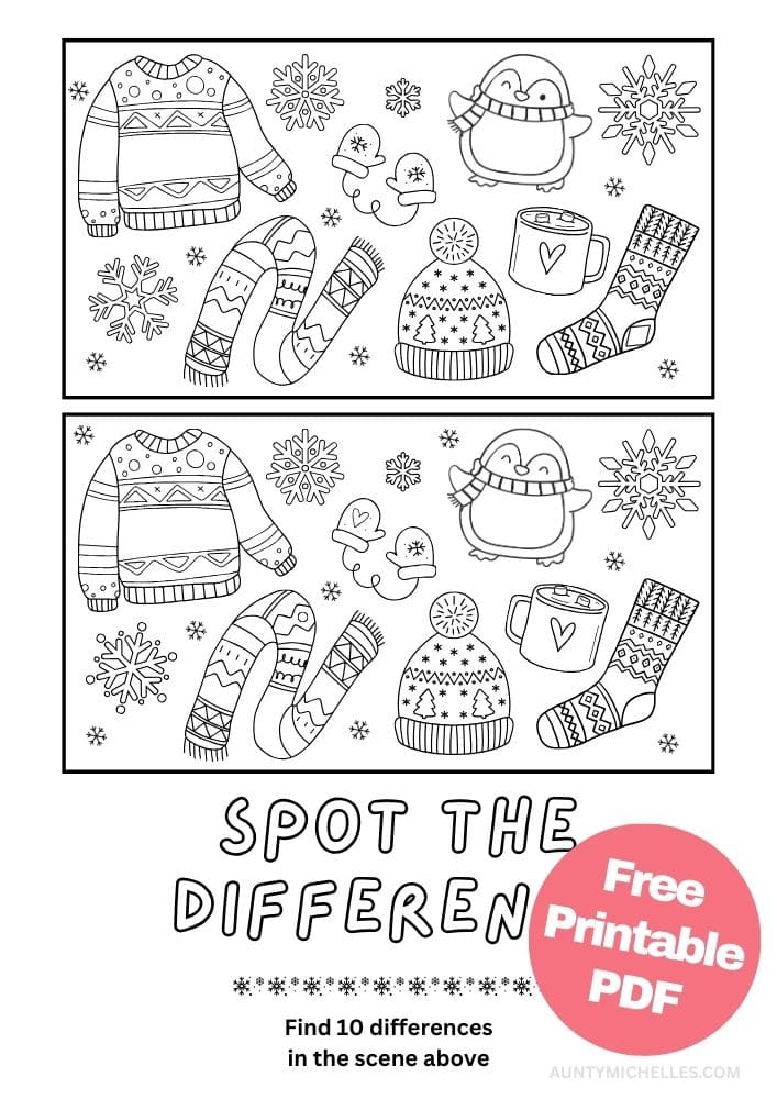 Free Printable Winter Activities for Kids Snow Day Inside Games January December February spot the difference