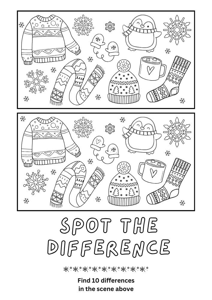 Free Printable Winter Activities for Kids Snow Day Inside Games January December February spot the difference