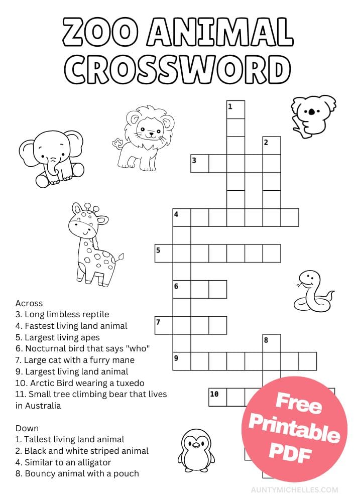 Free Printable Zoo Activities for Kids Animals Wildlife Games Crossword Puzzle
