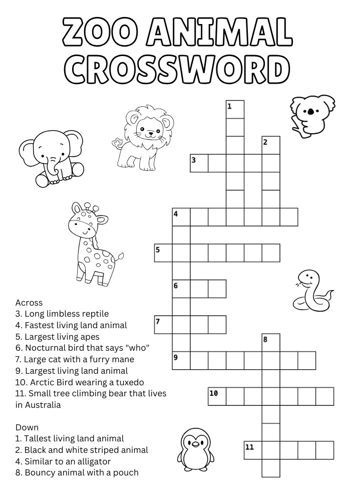 Free Printable Zoo Activities for Kids Animals Wildlife Games Crossword Puzzle