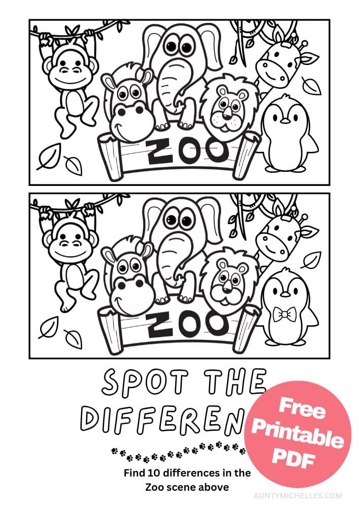 Free Printable Zoo Activities for Kids Animals Wildlife Games Spot the Difference