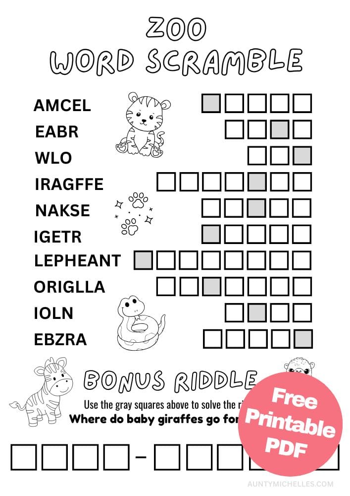 Free Printable Zoo Activities for Kids Animals Wildlife Games Word Scramble