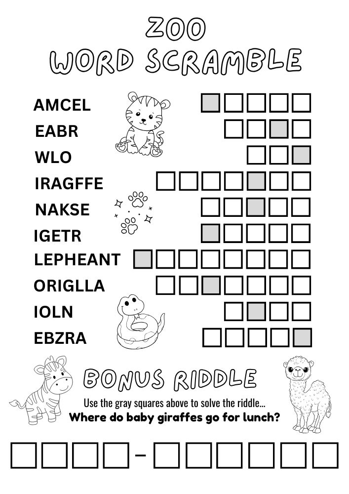 Free Printable Zoo Activities for Kids Animals Wildlife Games Word Scramble