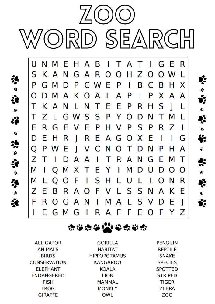 Free Printable Zoo Activities for Kids Animals Wildlife Games Word Search