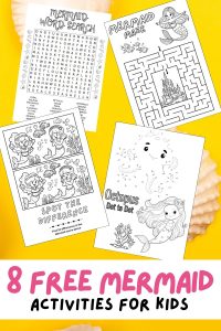 Free mermaid party printables for kids, mermaid printout, mermaid puzzle, mermaid activities, mermaid games, word search, crossword, word scramble, dot to dot, ocean, summer, vacation