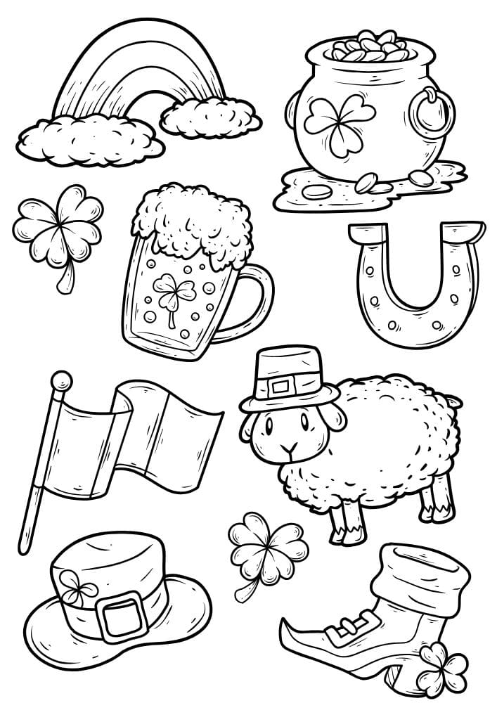 free printable st patricks day coloring pages for kids colouring book printout irish march sheep flag shoe hat gold lucky horseshoe St. Patty's Day Saint