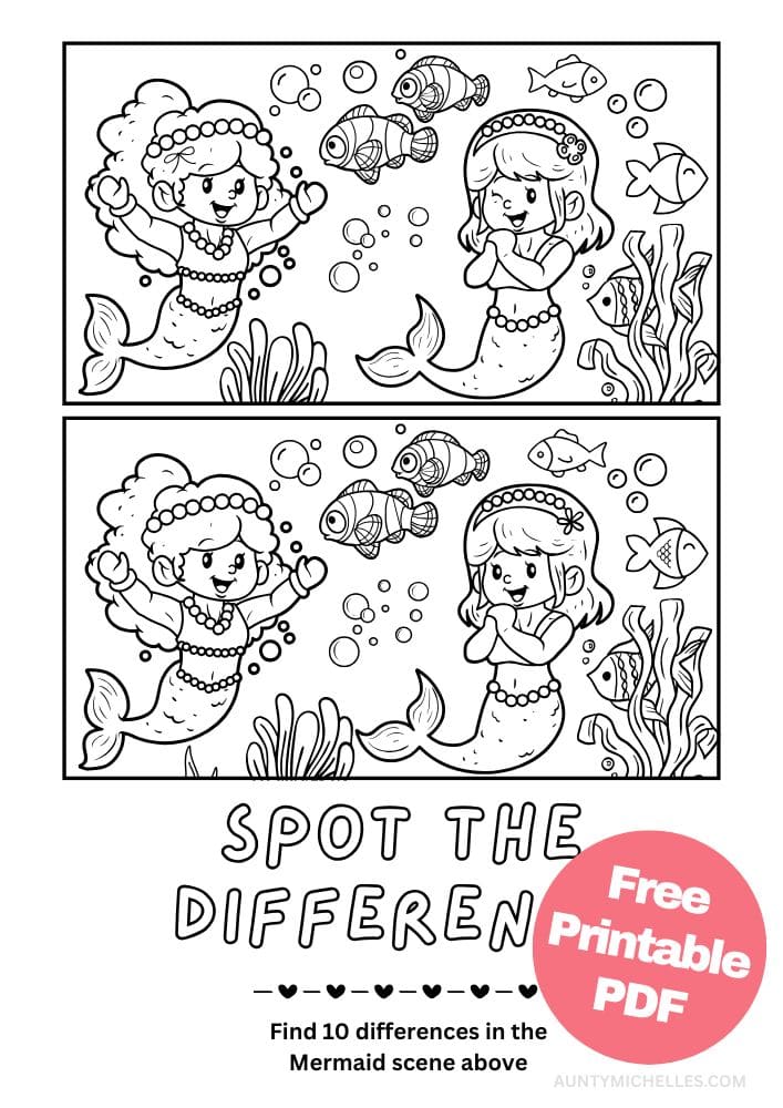 Free Printable Mermaid Activity for Kids Spot the Difference Activity