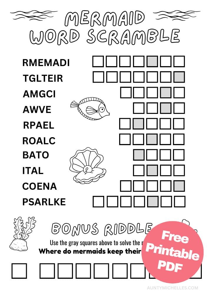 Free Mermaid Party Printables for Kids Word Scramble Activity