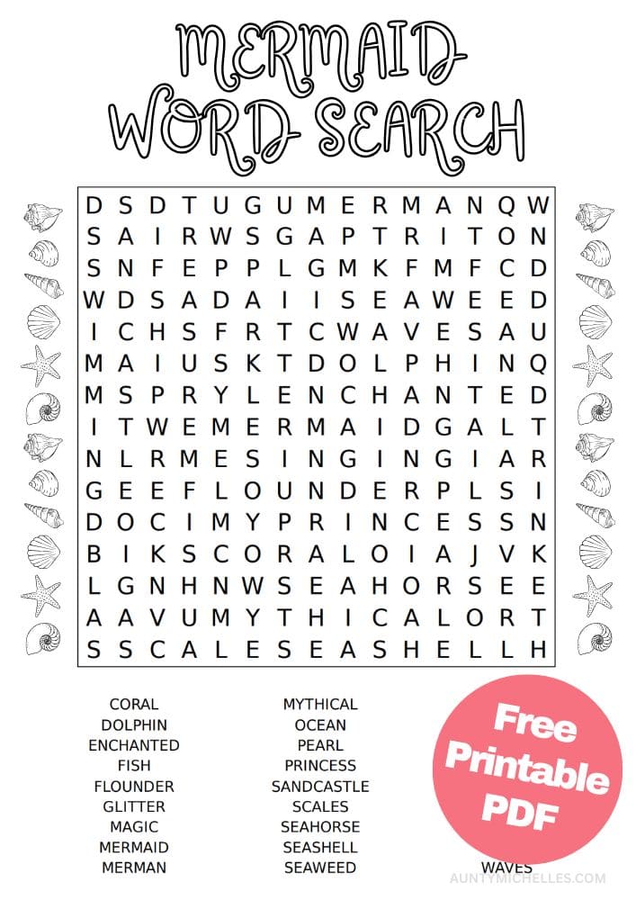 Free Mermaid Party Printables for Kids Word Search Activity
