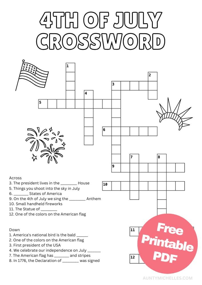 Free Printable 4th of July Worksheets for Kids Fourth United States of America USA Independence Day Crossword Puzzle