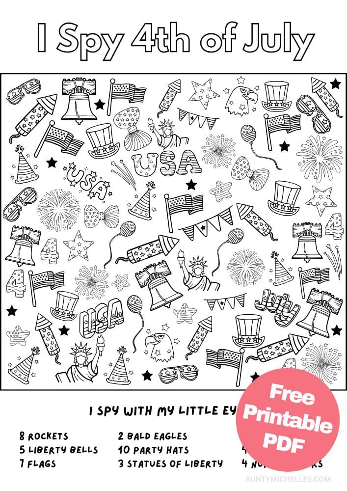 Free Printable 4th of July Worksheets for Kids Fourth United States of America USA Independence Day I Spy