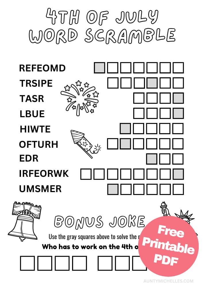 Free Printable 4th of July Worksheets for Kids Fourth United States of America USA Independence Day Word Scramble