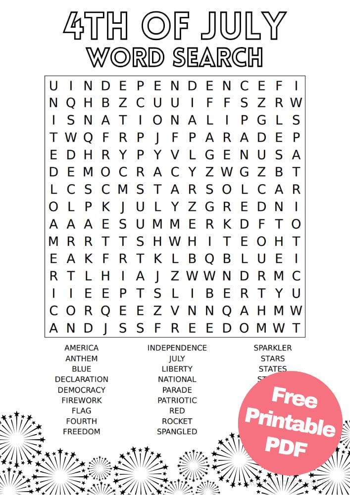 Free Printable 4th of July Worksheets for Kids Fourth United States of America USA Independence Day Word Search