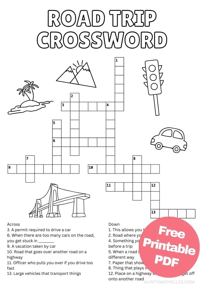 Free Printable Road Trip Crossword Puzzle Activities for Kids