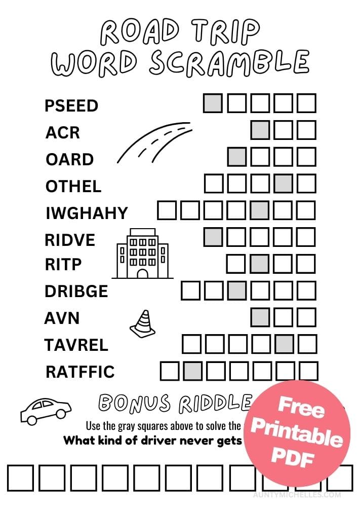 Free Printable Word Scramble Roadtrip Activities for Kids