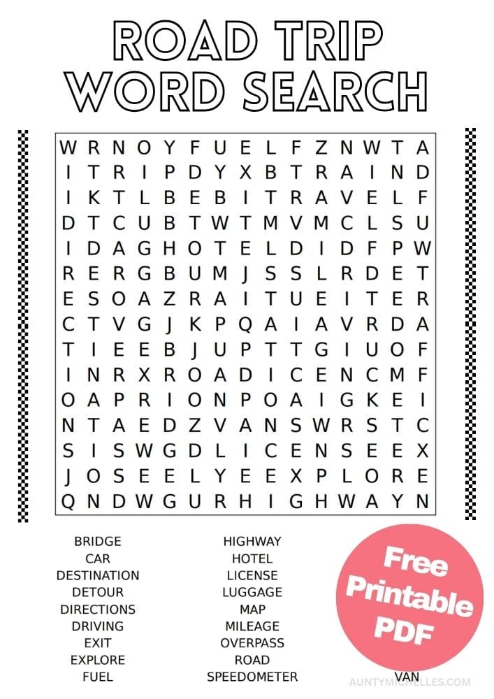 Free Printable Road Trip Themed Word Search Activities for Kids