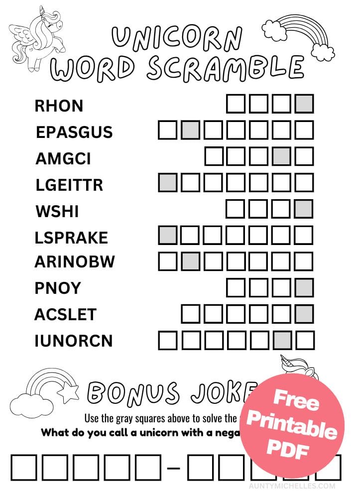 Free Printable Unicorn Activities for Kids Magical Game Printout Free Printable Unicorn Activities for Kids Word Scramble Riddle
