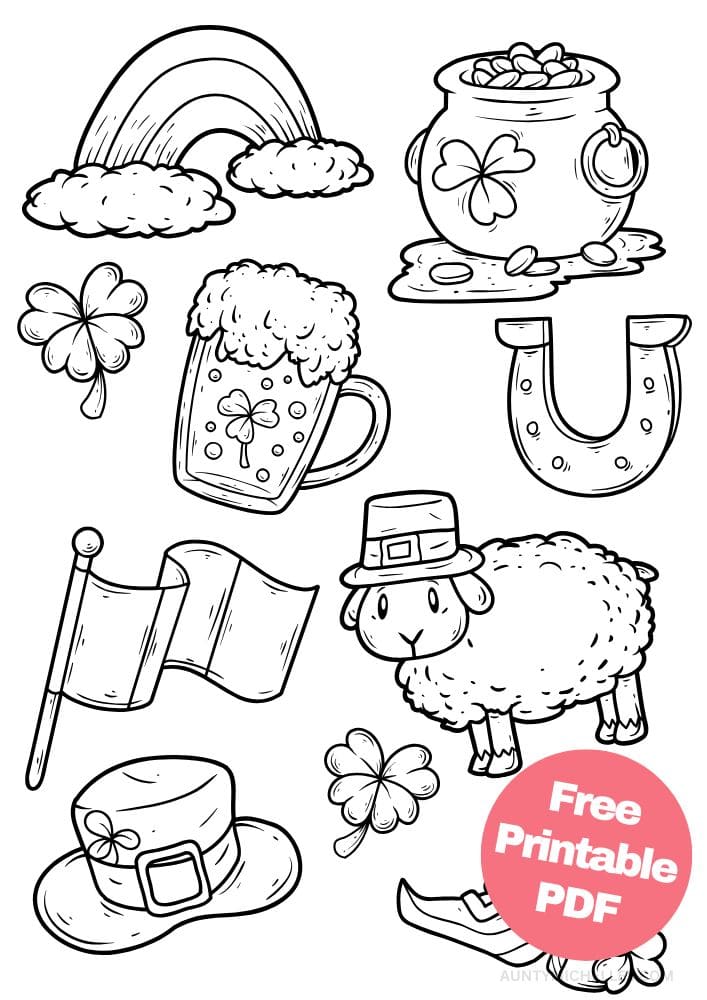 free printable st patricks day coloring pages for kids colouring book printout irish march sheep flag shoe hat gold lucky horseshoe St. Patty's Day Saint