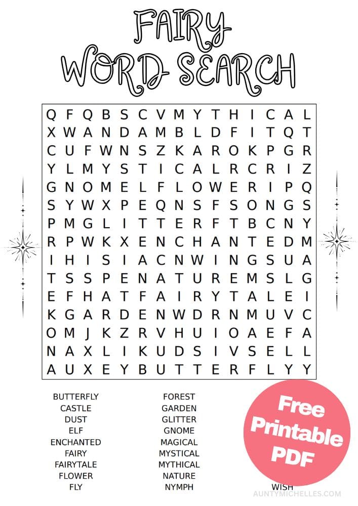 Free Printable Fairy Activities for Kids Worksheet Printout Activity Word Search