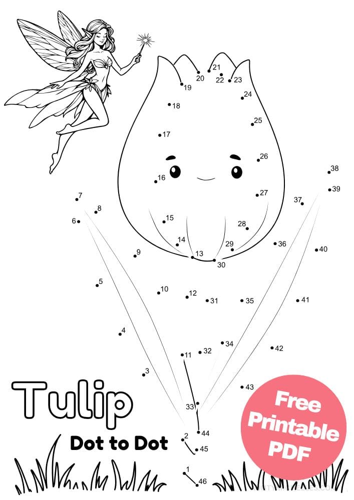 Free Printable Fairy Activities for Kids Worksheet Printout Activity tulip dot to dot counting game