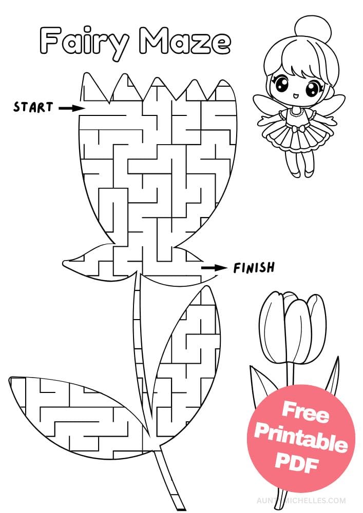 Free Printable Fairy Activities for Kids Worksheet Printout Activity tulip spring flower maze