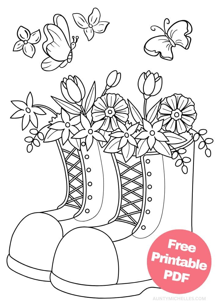 Coloring page with a pair of boots with flowers coming out of them and butterflies flying above