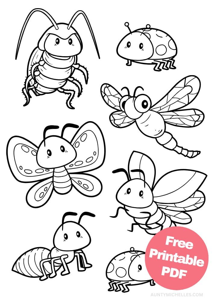 coloring page with difference insects including a cockroach lady bug butterfly dragonfly bee and ant