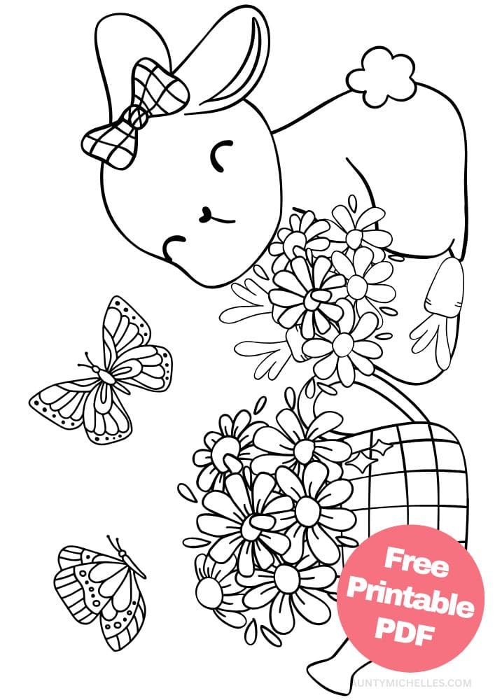 coloring page with a bunny holding flowers next to a watering can full of flowers with butterflies overhead