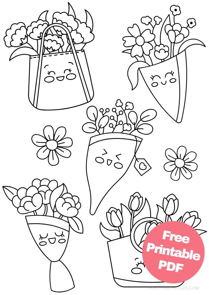 coloring page with an assortment of bouquets of flowers with cute smiling faces on them