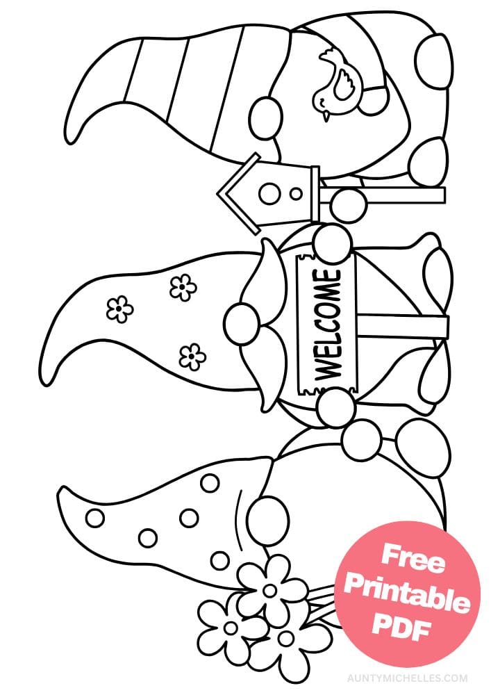 coloring page of three garden gnomes holding flowers a welcome sign and a birdhouse