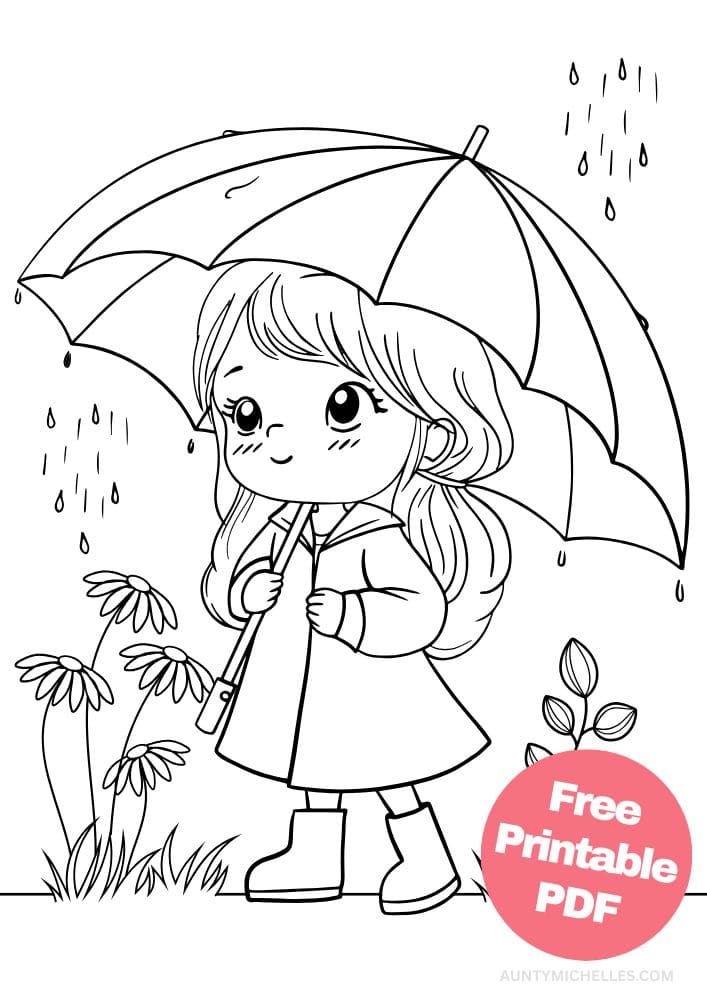 coloring page of a girl holding an umbrella in the rain
