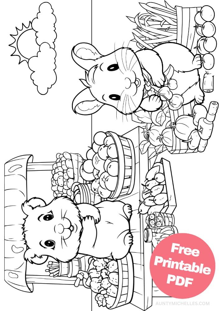 coloring page of a hamster or mouse at a farmers market with fresh vegetables