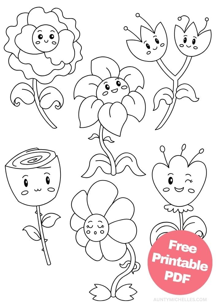 easy coloring page with different flowers that have smiling faces