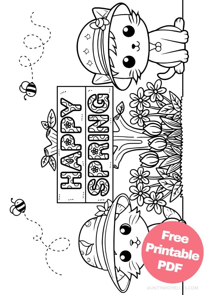 Spring coloring page of two cats standing in a garden with a sign that says happy spring and bees flying