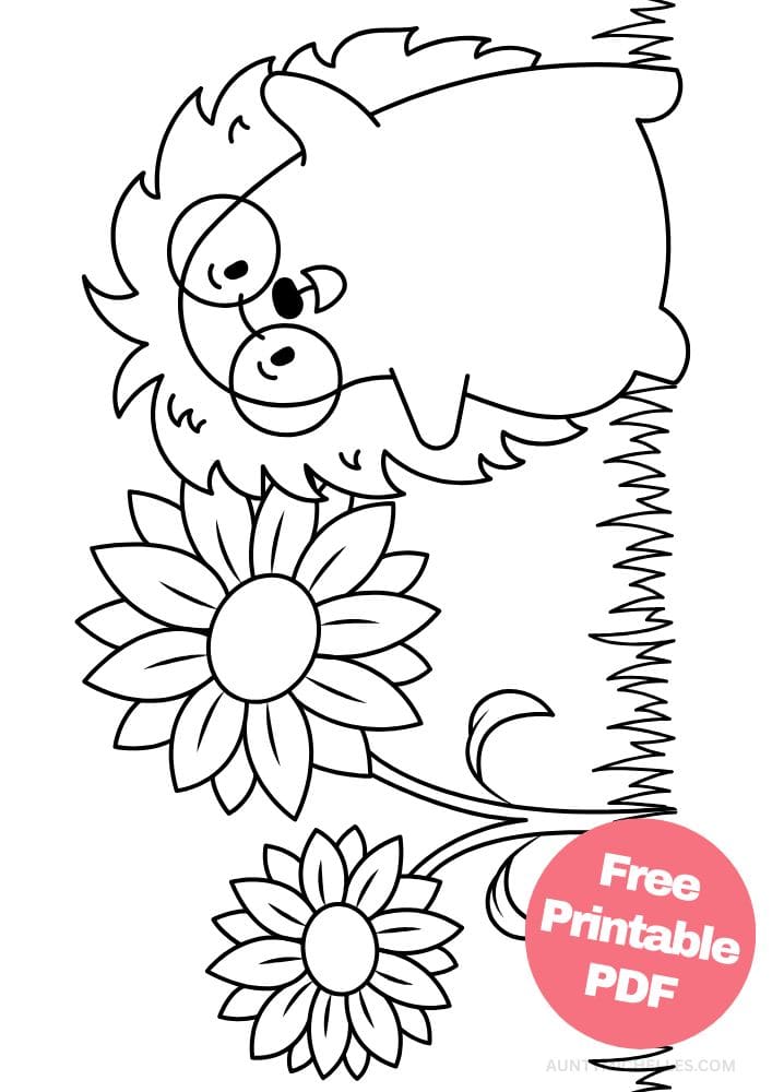 coloring page of a hedgehog wearing glasses next to large flowers