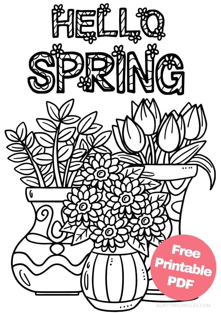 Spring coloring page that says hello spring with vases of flowers underneath