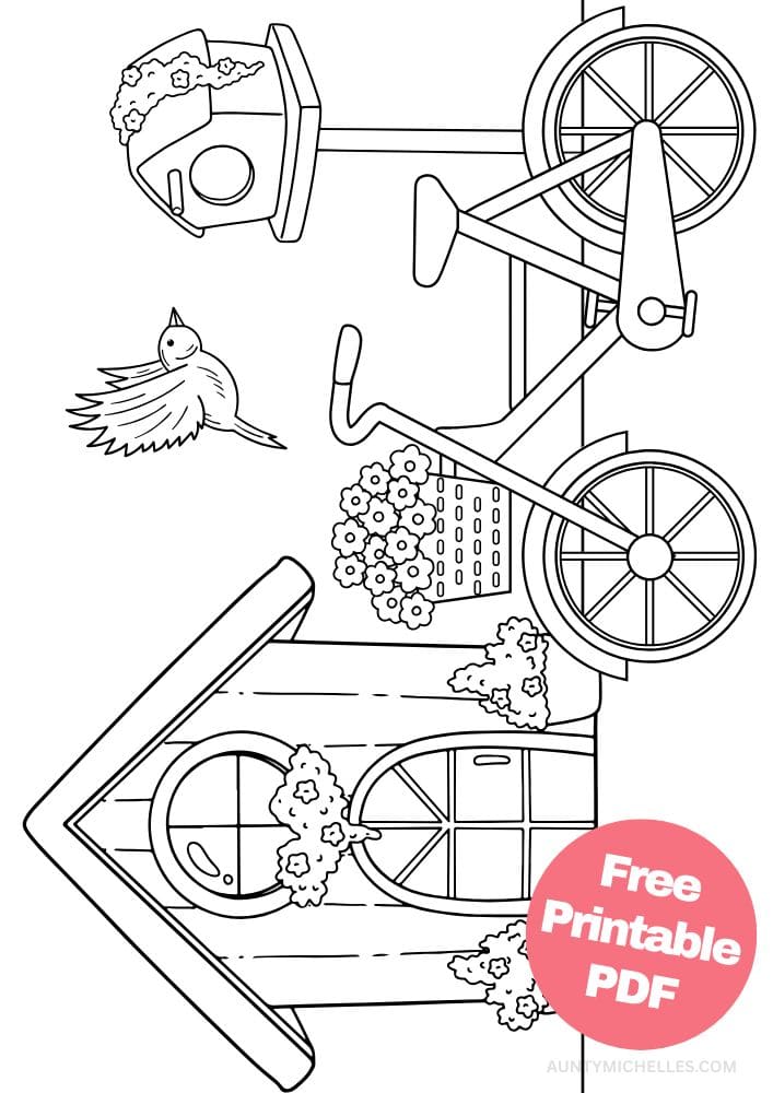 coloring page of a cute house bicycle and bird house in the spring