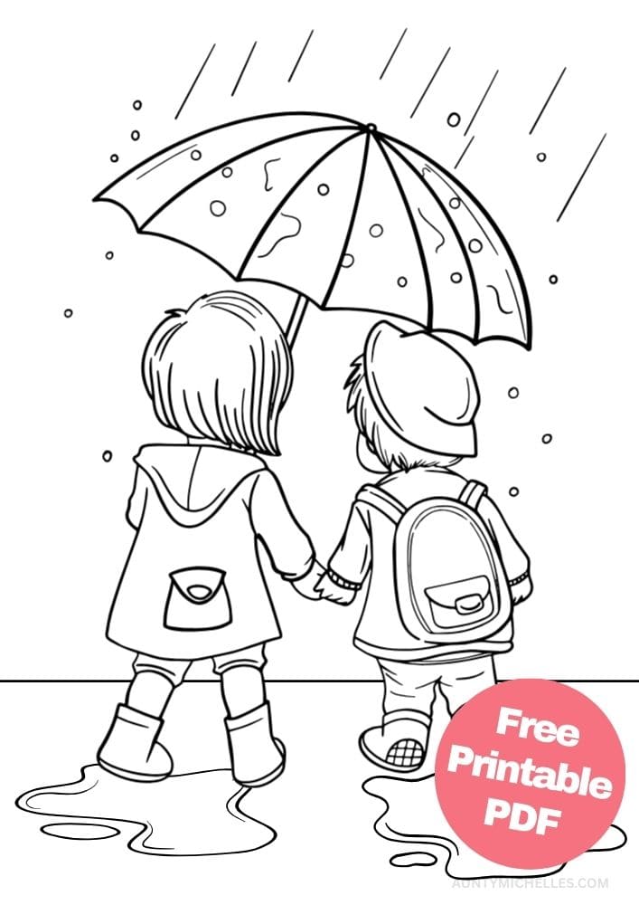 coloring page of two kids walking in the rain under an umbrella