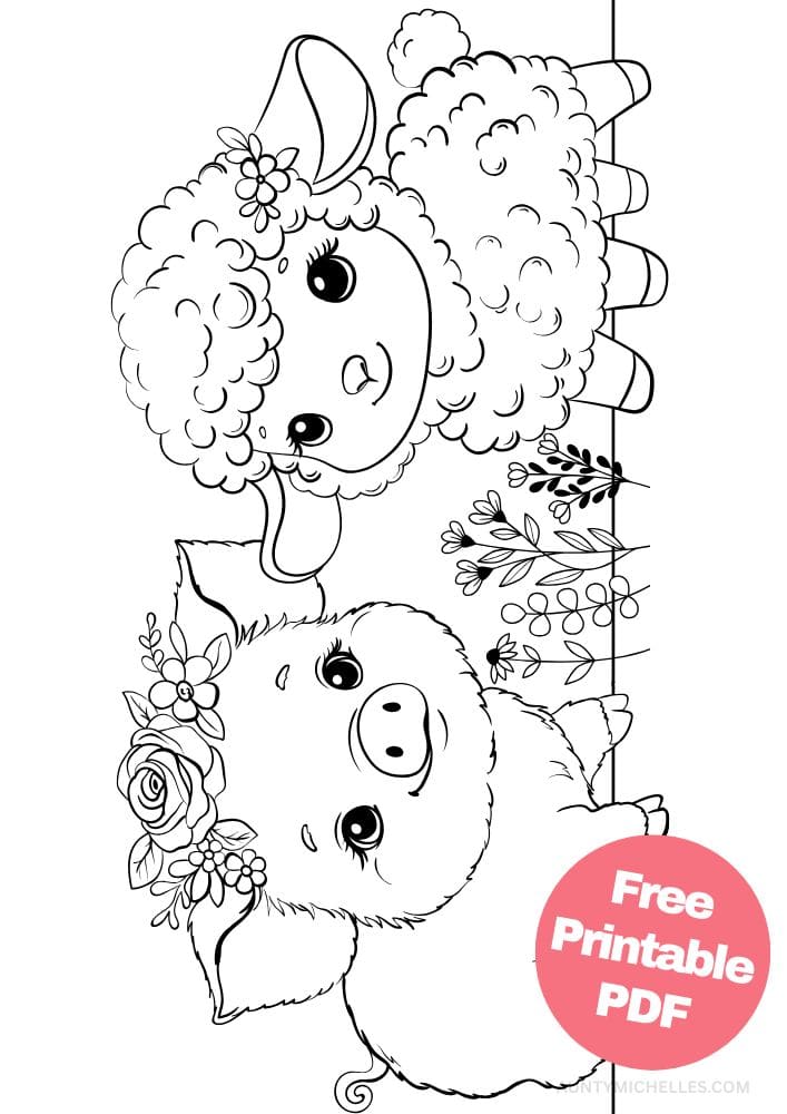 coloring page of a pig and sheep in a garden with flowers in their hair