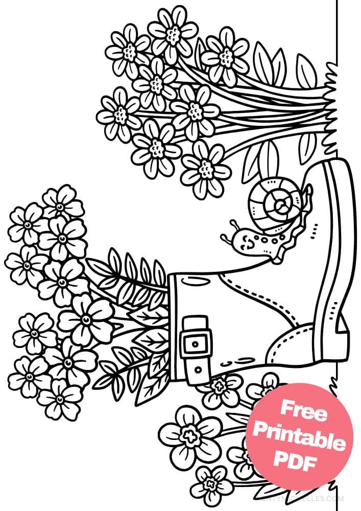 coloring page of a rain boot with flowers in it and a snail in a garden