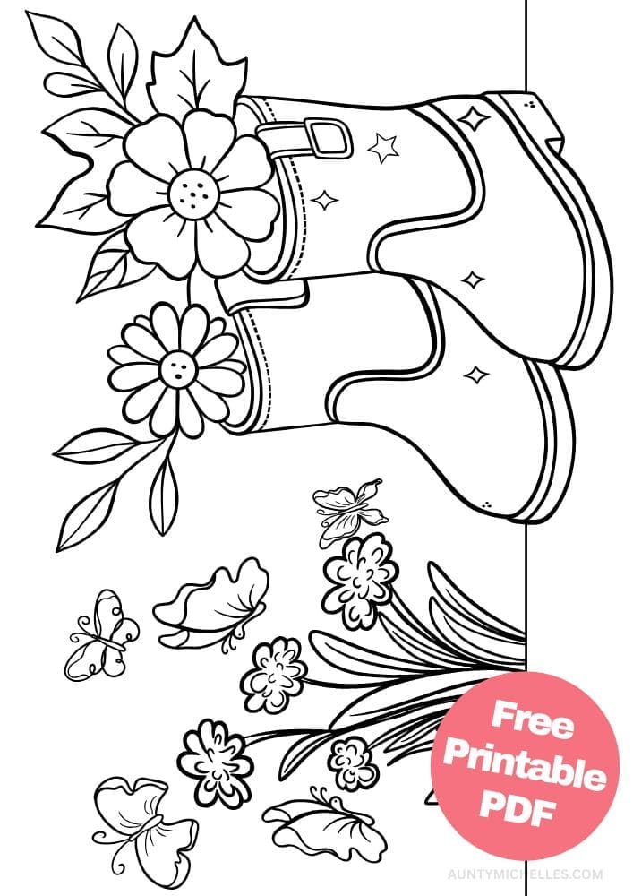 coloring page of rain boots full of flowers with butterflies nearby