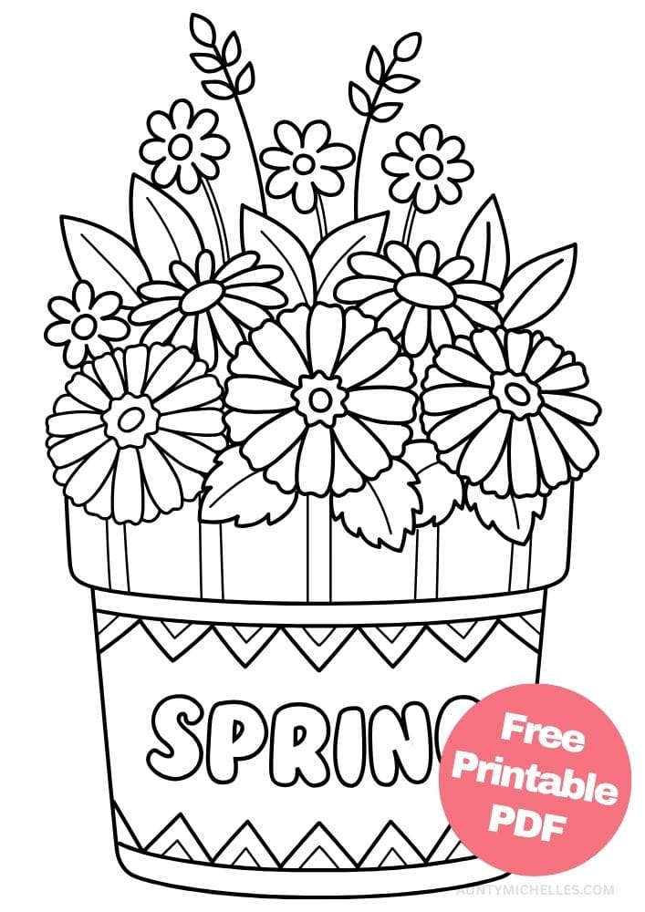Spring coloring page of a planter full of flowers with the word spring on it