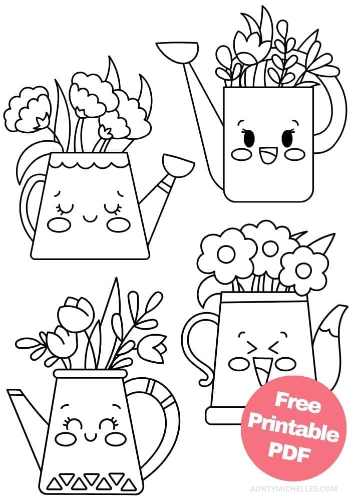 coloring page of watering cans full of flowers with smiling faces on them