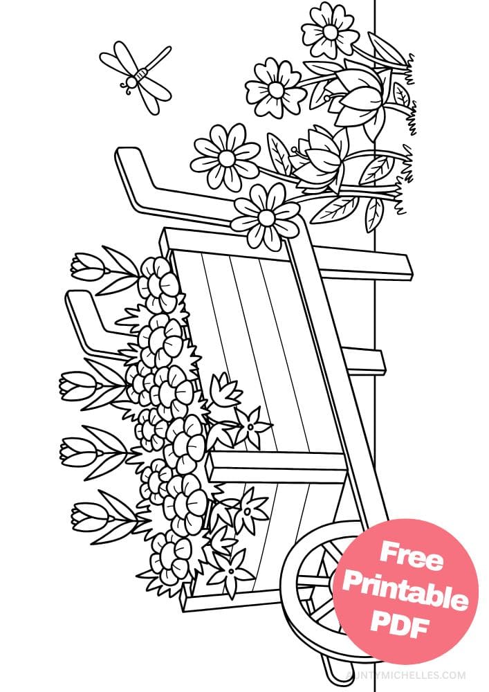 coloring page of a wheelbarrow full of flowers in a garden with a dragon fly
