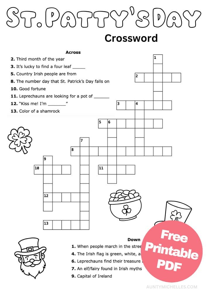 Free Printable St Patricks Day Activities for Kids Saint Pattys Day Worksheets March Irish Crossword Puzzle