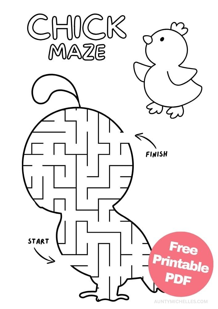 Spring themed maze in the shape of a chick for kids