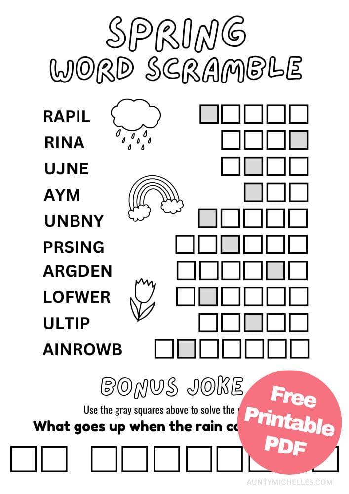 Free printable spring activity for kids word scramble