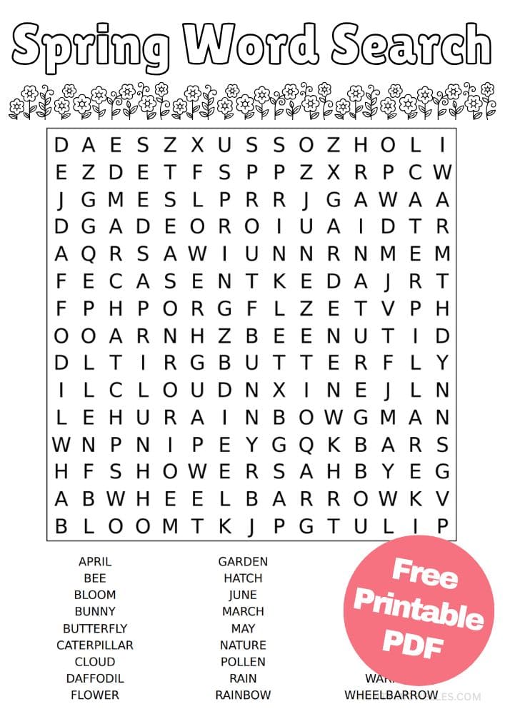 Free printable spring activity for kids word search