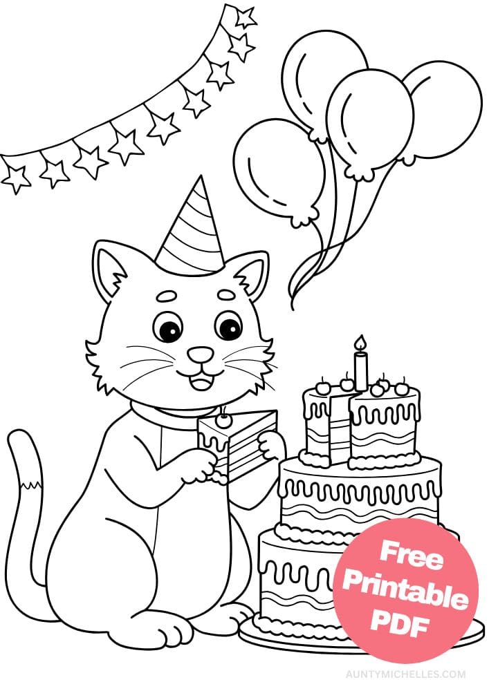 Free Printable Birthday Coloring Pages for Kids Colouring Book Happy Bday Printout Cat Cake Balloons