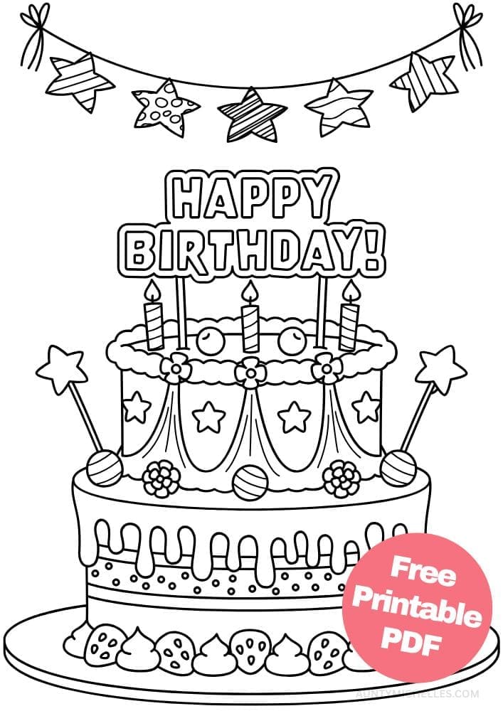 Free Printable Birthday Coloring Pages for Kids Colouring Book Happy Bday Printout Kids Cake Fancy Stars